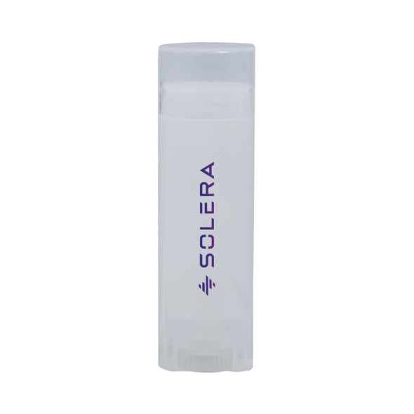 A transparent lip balm container with a white balm inside and a purple logo.