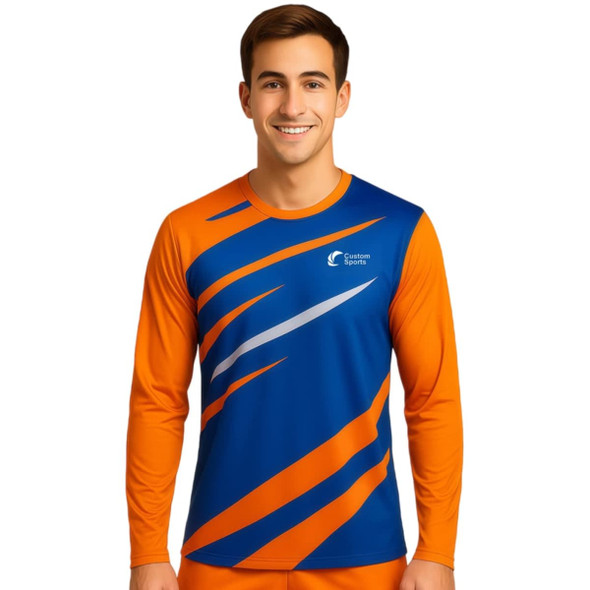 A long sleeve sports shirt featuring a blue body with orange and white design elements and a logo.
