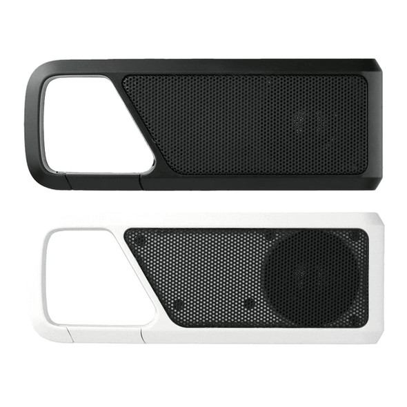 A Bluetooth speaker in black and white, featuring a mesh speaker grille and a sleek, modern design.