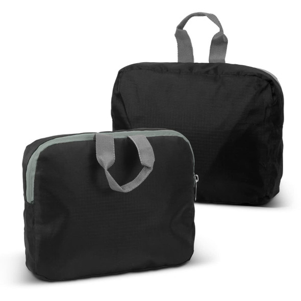 A pair of black foldable backpacks with grey handles, one folded and one unfolded, showcasing their compact design.