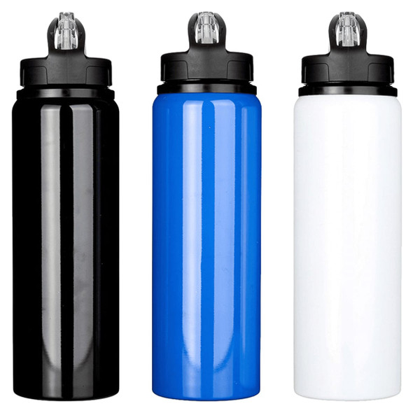 A drink bottle set featuring three colours: black, blue, and white, with a flip-top lid and logo.