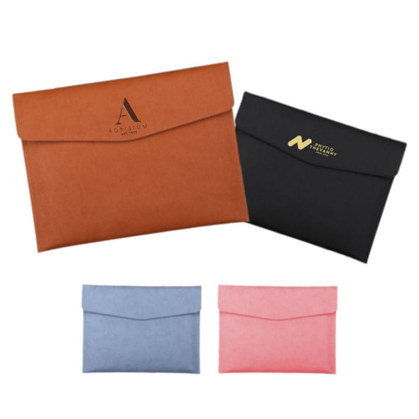 APU Leather A4 file bags in orange, black, blue, and pink, featuring branding on some.