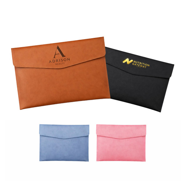 APU leather A4 file bag in brown, black, light blue, and pink, featuring logos on two bags.