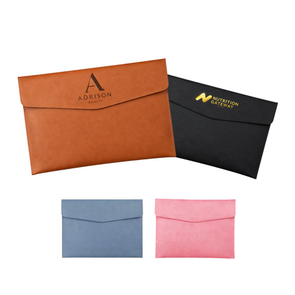 APU leather A4 file bag collection in orange, black, blue, and pink, featuring branded logos.