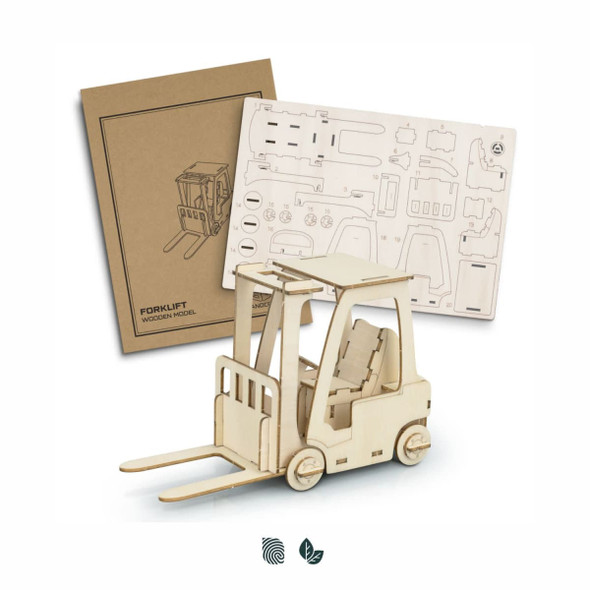 A wooden forklift model in natural wood colour, alongside a flat assembly sheet with cut-out pieces.