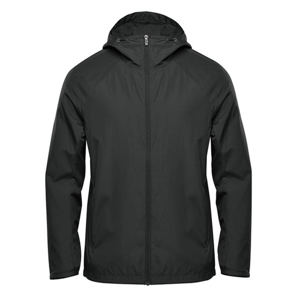 A dark green wind jacket with a hood, featuring a zip front and an attached logo.