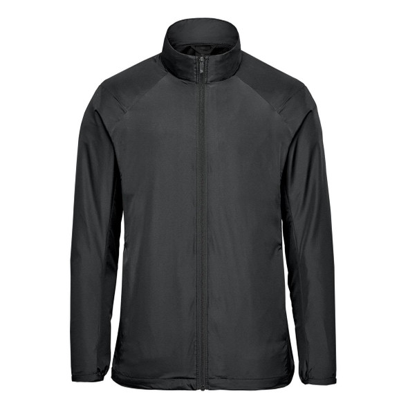A black men's full zip jacket with a high collar and a sleek design. It features branding on the material.