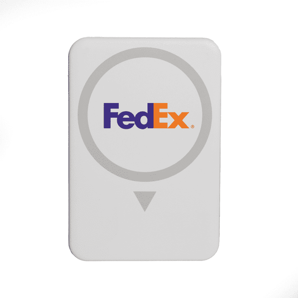 A wireless charging power bank in white with a circular design and a logo.