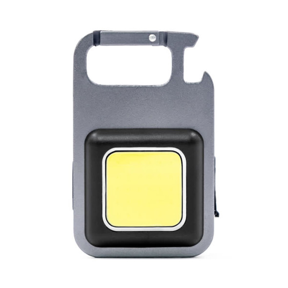 A grey multi-tool with a yellow LED light, featuring a bottle opener and a small loop for attaching to keyrings.