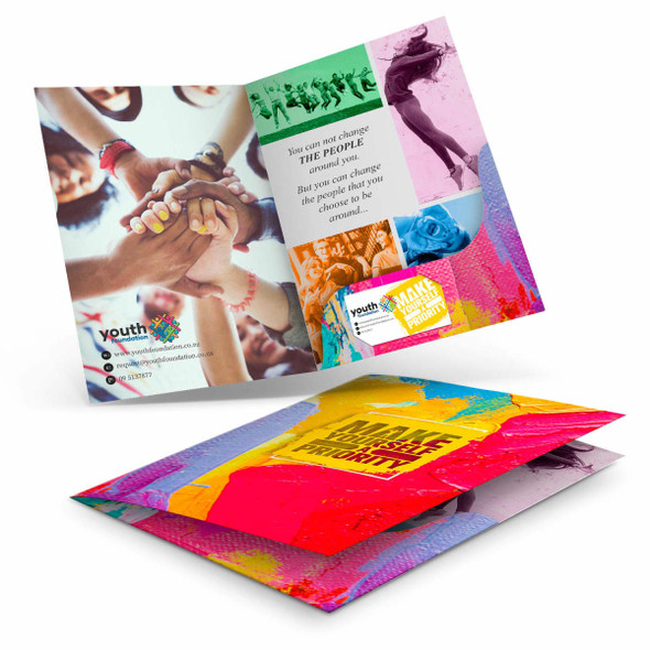 A4 presentation folder featuring vibrant colours, with images of hands and activities, and a logo.