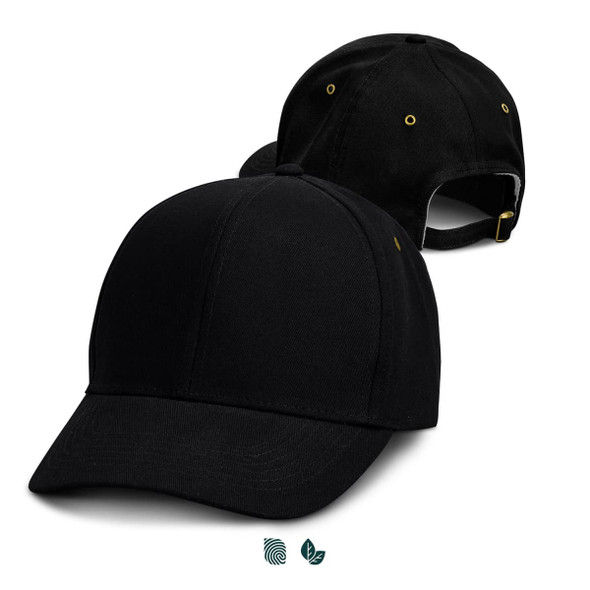 A black cap with a structured front and curved peak, featuring a logo and adjustable strap at the back.