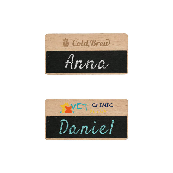 Two wooden chalkboard name badges, featuring a light wood finish with black erasable chalkboard areas.