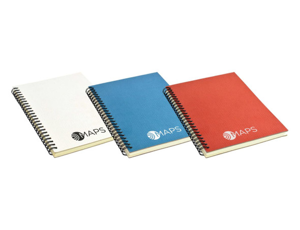 A set of three A5 notebooks in white, blue, and red, each with a spiral binding and a logo on the cover.