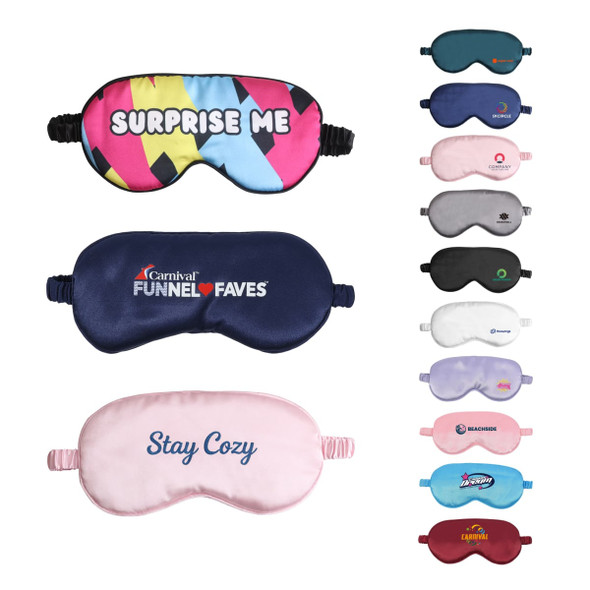 A collection of satin sleep masks in various colours, featuring different designs and a logo on some.