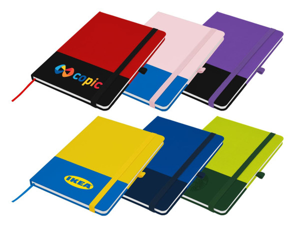 A collection of A5 notebooks in red, black, pink, purple, yellow, navy, and green, each with an elastic band and logos.