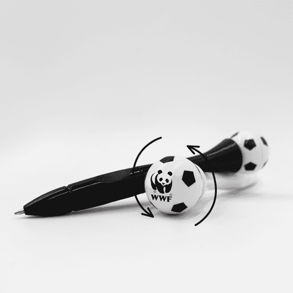 A black pen with white soccer ball ends featuring a logo, designed for fun and interactive writing.