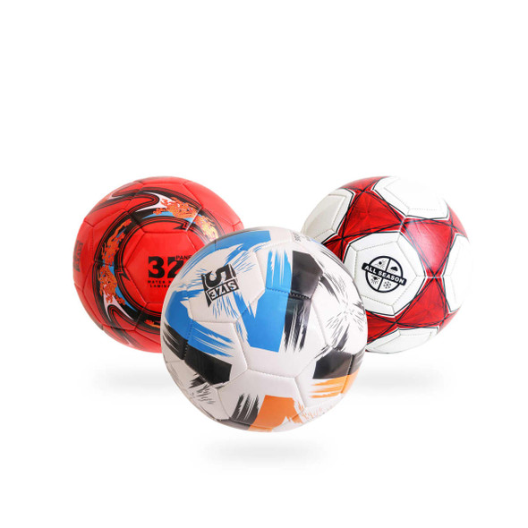 Three promotional soccer balls in red, white, and black, featuring various designs and logos.