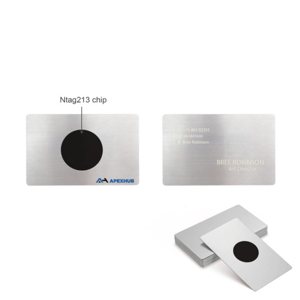 A stainless steel business card with a black NFC chip, featuring a logo and personal details on one side.