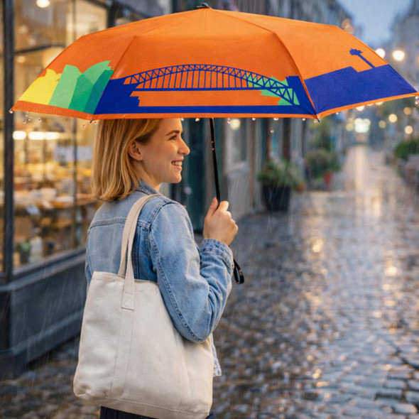 An orange umbrella featuring a blue Sydney Harbour Bridge design, held by a woman in a denim jacket and tote bag.