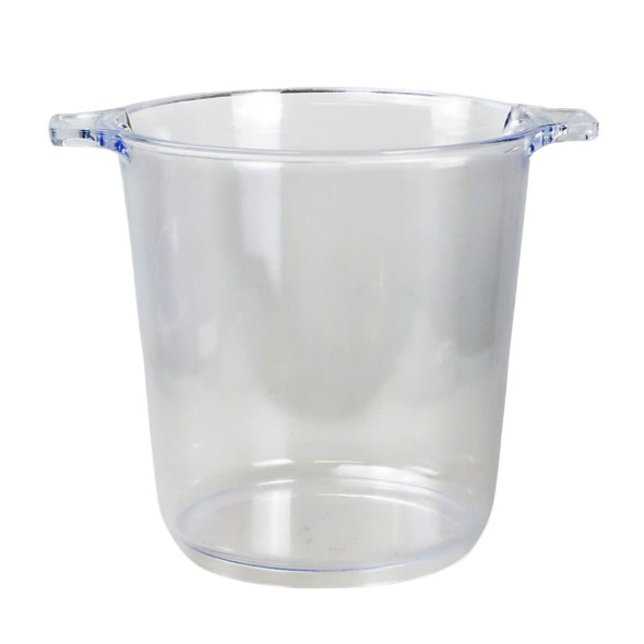 A clear plastic ice bucket with sturdy handles, featuring a smooth, translucent design.