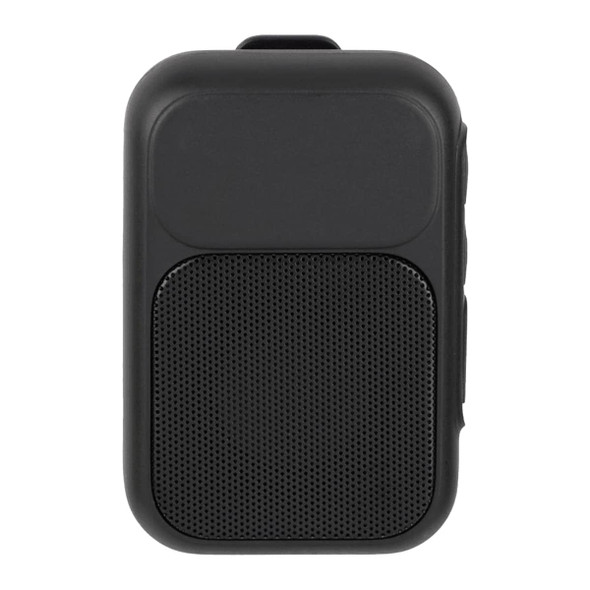 A black Bluetooth speaker with a textured speaker grille and a smooth surface on the top, featuring a logo.