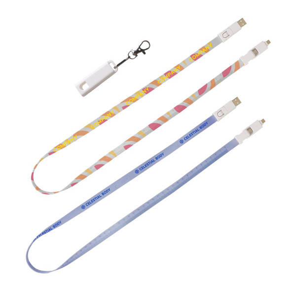 A colourful 6 in 1 polyester lanyard charging cable with multiple connectors and a clip for attachment.