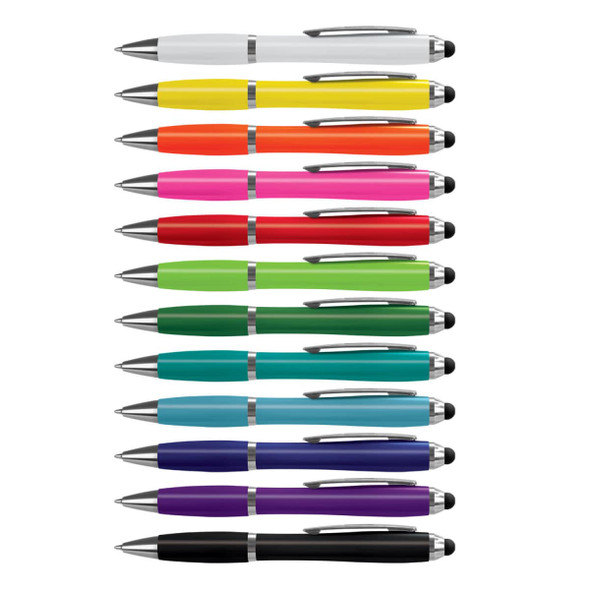 A collection of stylus pens in various colours, including white, yellow, orange, pink, green, blue, and black, with silver accents.