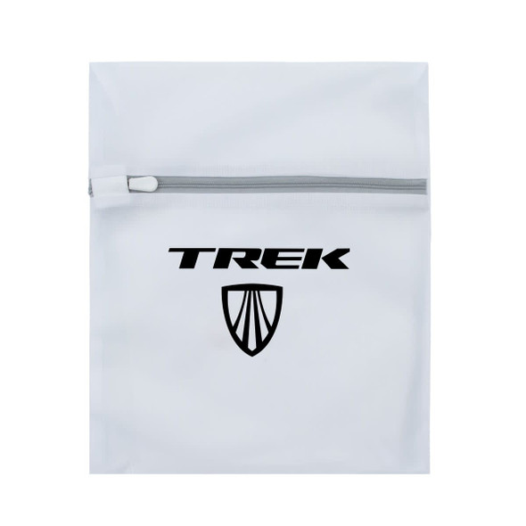 A white laundry bag with a zip, featuring a logo on the front.