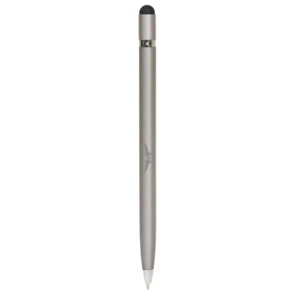 A sleek silver metal pen with a stylus tip, featuring a logo and a smooth finish.