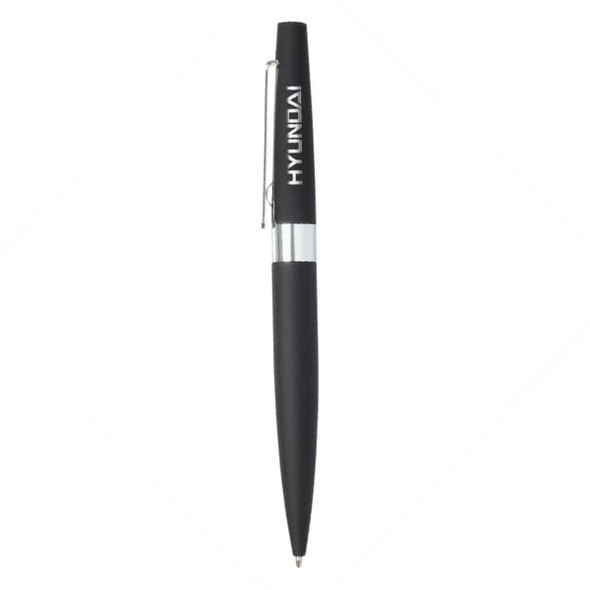 A metal pen in black with a silver clip and a logo on the body.