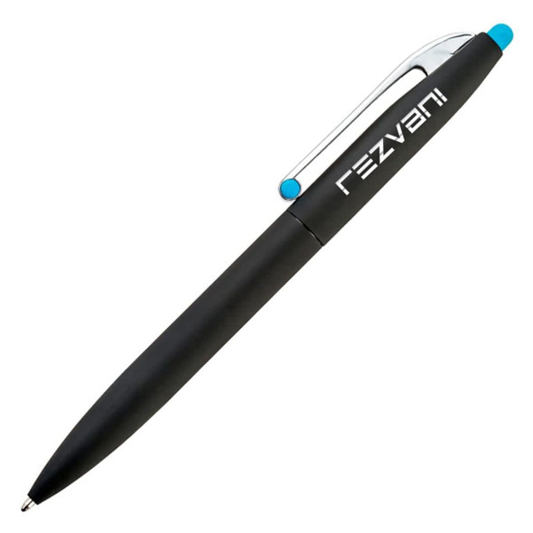 A black pen with a silver clip and a turquoise accent, featuring a logo on the barrel.