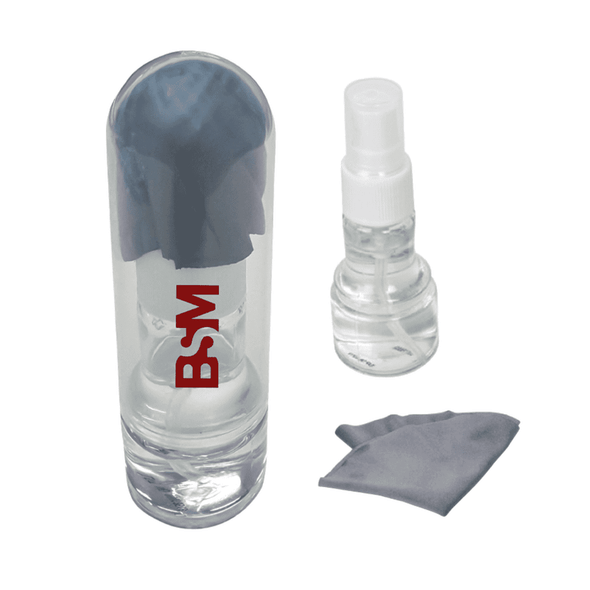 A clear spray bottle with a cleaning solution, featuring a dark cloth inside, alongside a separate grey cleaning cloth.