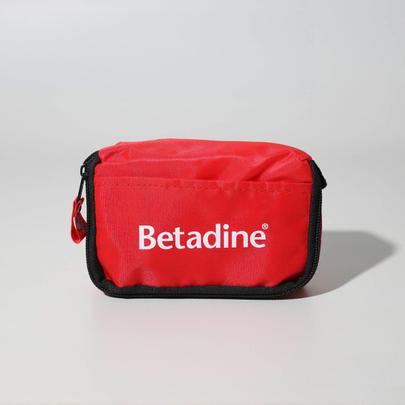 A red first aid travel kit with a zip closure and a logo on the front. Contains 13 essential first aid items.