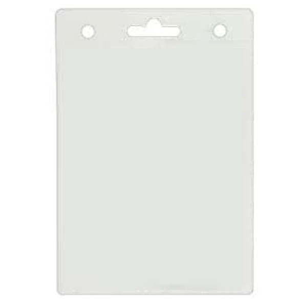 A clear plastic badge holder measuring 110mm W x 160mm H with a slot for attachment at the top.