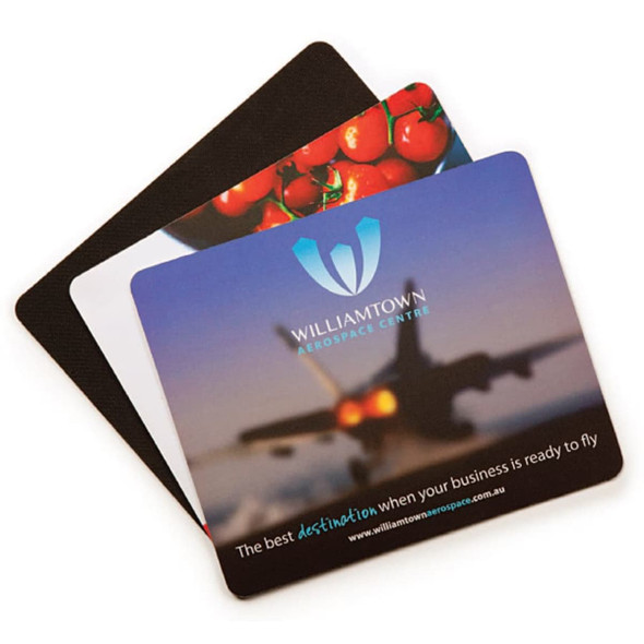 A mouse mat set featuring three designs, prominently displaying a logo and various colourful images, primarily red and green.