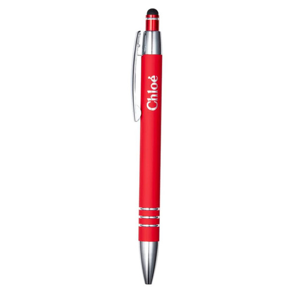A red metal pen with a silver clip and a branding logo on the barrel. It features a stylus tip.