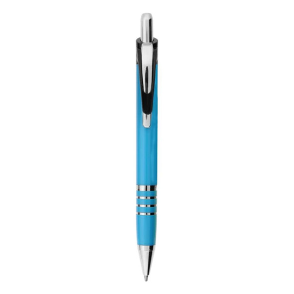 A blue metal pen with silver accents and a clip, featuring a sleek, modern design.
