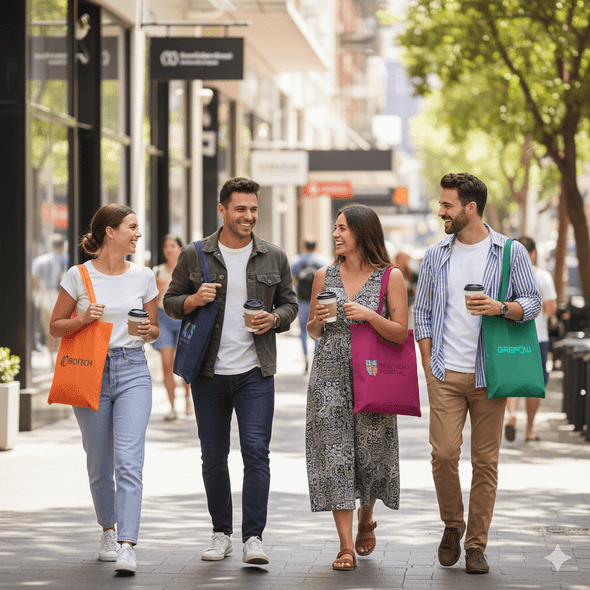 group with recycled tote bags shopping