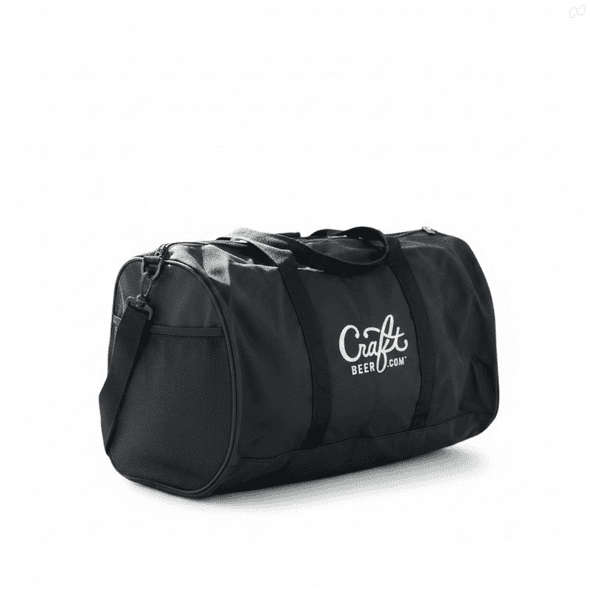 A black duffle bag with a logo, featuring a zippered main compartment and handles.