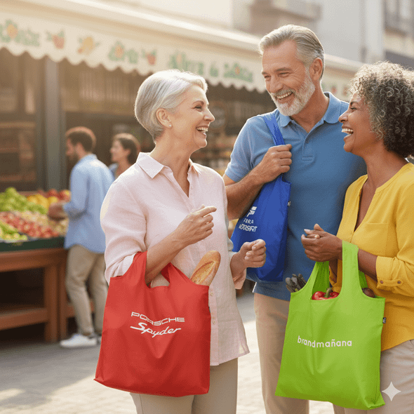 group of people with metro recycled tote bags