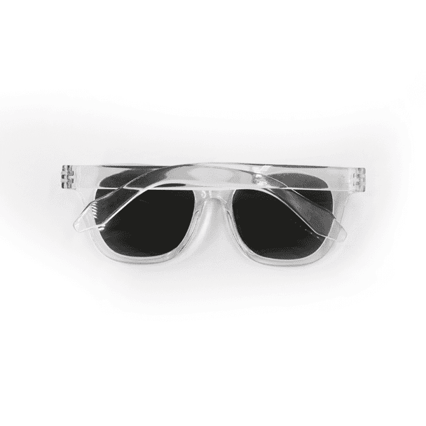 Clear polarised sunglasses with dark lenses and a modern design, featuring a logo on the frame.
