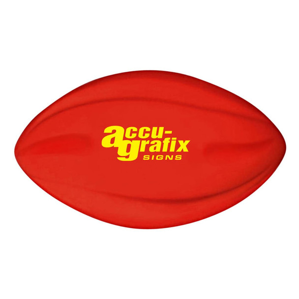 A red football with a smooth surface and a logo displayed on it.