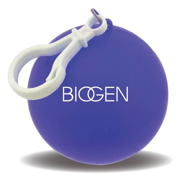 A round purple rain poncho ball with a white clip attachment and a logo on the front.