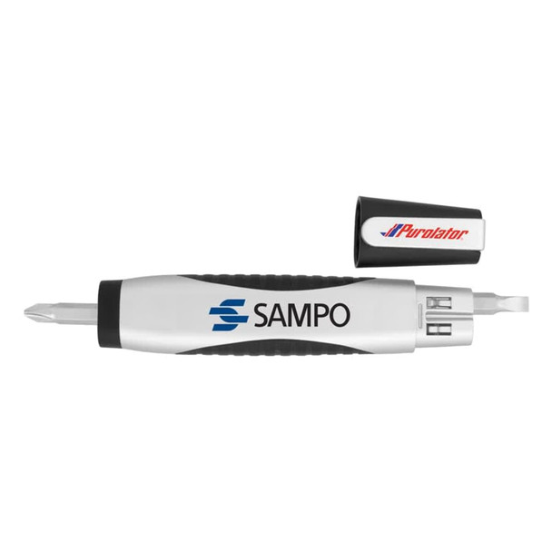 A flashlight tool kit with a level, featuring a silver and black screwdriver with a removable cap.