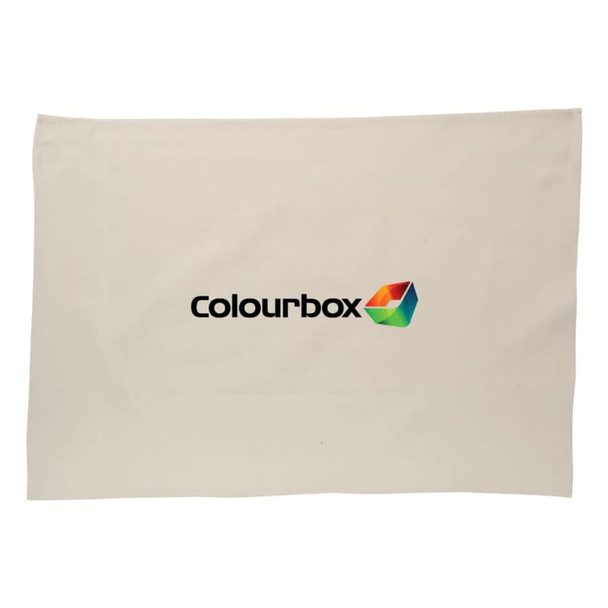 A cotton tea towel in cream colour featuring a logo at the centre.