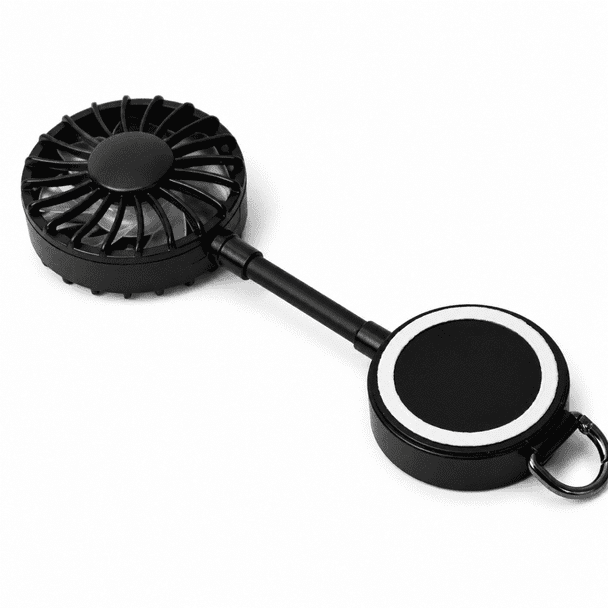 A black rechargeable fan with a magnetic base and a pull-out design. It features a circular fan and a detachable stand.