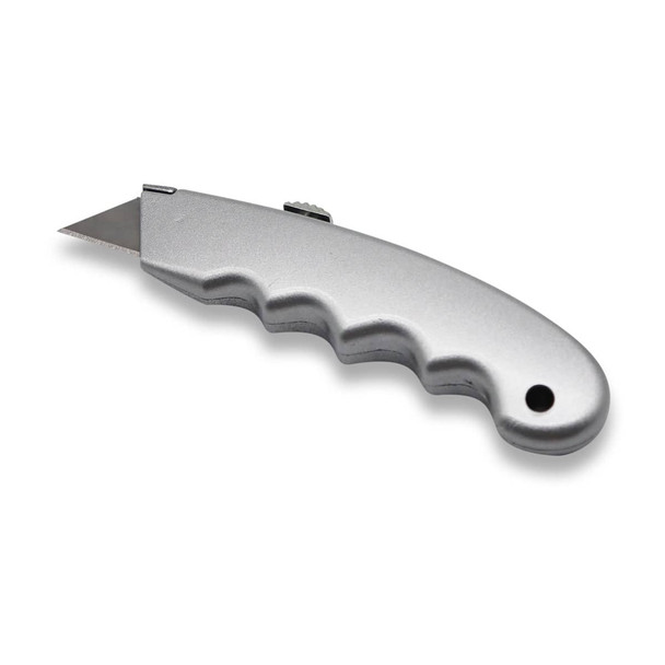 A silver handheld cutter with a serrated edge and a textured grip for easy handling. It has a circular hole for keyring attachment.