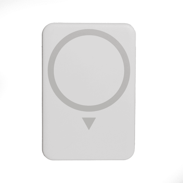 A white wireless charging power bank featuring a circular design and a directional indicator. It has a logo on the surface.