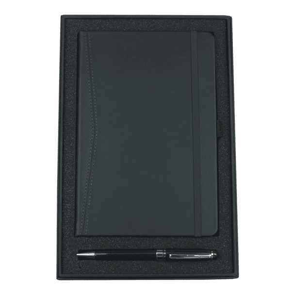 A black gift set featuring a pocket journal and a twist ballpoint pen, packaged in a stylish box with a logo.