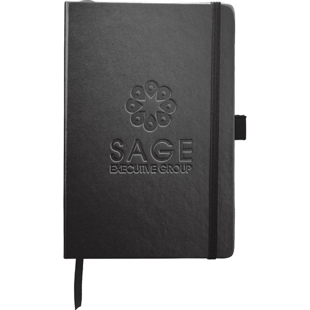 A black JB1008 Nova journal with an embossed logo and an elastic band closure.